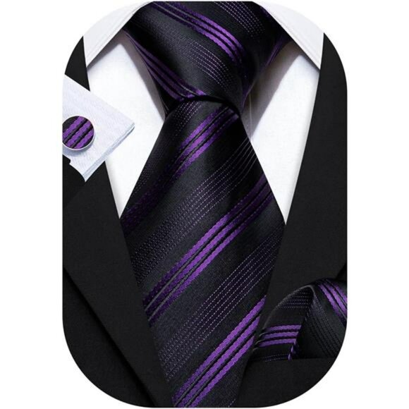 Mens Silk Tie Set with Pocket Square and Cufflinks Striped Necktie for Suit - Picture 1 of 6